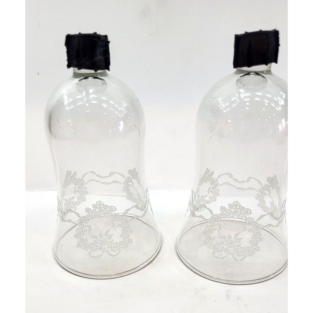 Vintage Etched Floral Wreath Clear Glass Peg Votive Candle Holders Pair